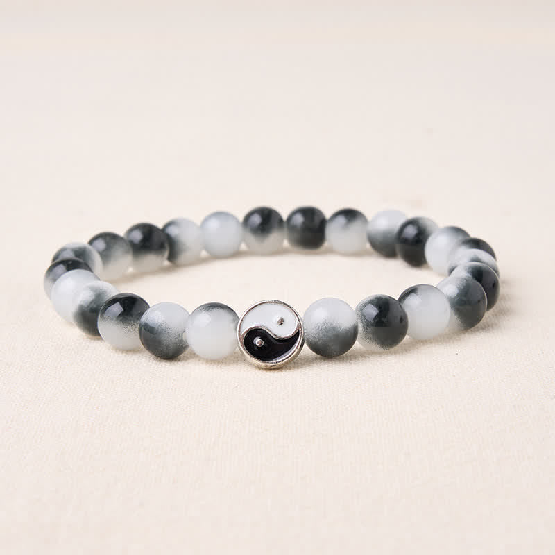 Buddha Stones Tweekleurige Yin Yang- Armband van legering met platte kralen en glas - Yin Yang (Polsomtrek: 15-16 cm) - image 0