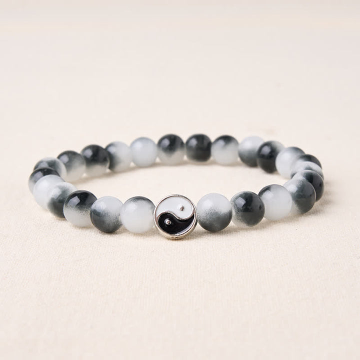 Buddha Stones Tweekleurige Yin Yang- Armband van legering met platte kralen en glas - Yin Yang (Polsomtrek: 15-16 cm) - image 0