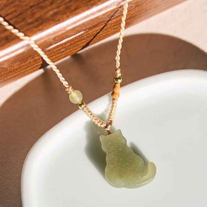 Buddha Stones Jade Kat Gevlochten Koord Hanger Overvloed Ketting - image 1