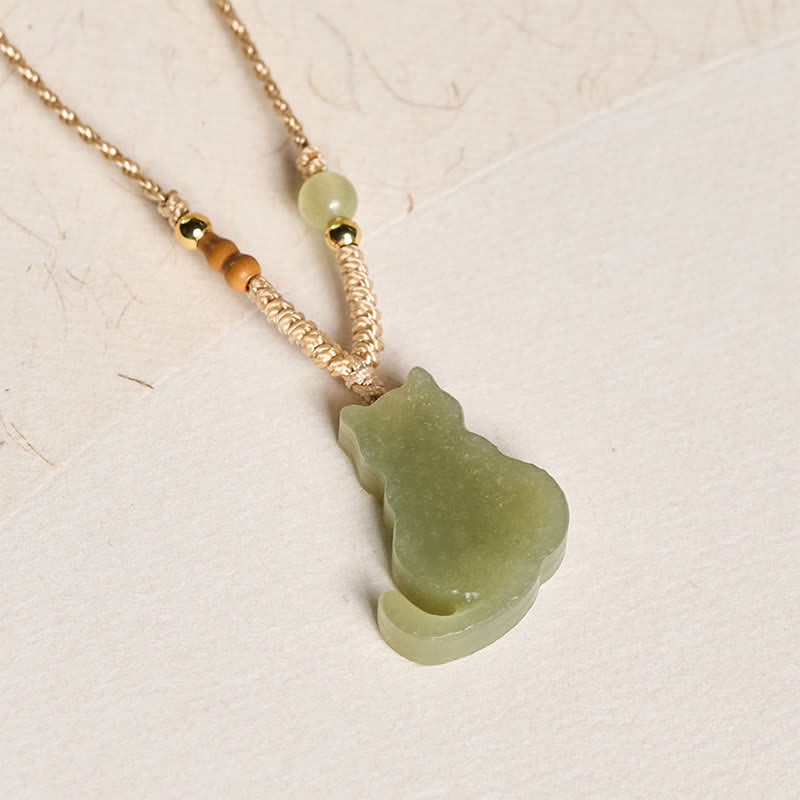 Buddha Stones Jade Kat Gevlochten Koord Hanger Overvloed Ketting - image 2