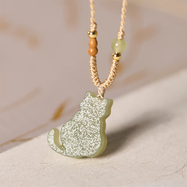 Buddha Stones Jade Kat Gevlochten Koord Hanger Overvloed Ketting - image 3