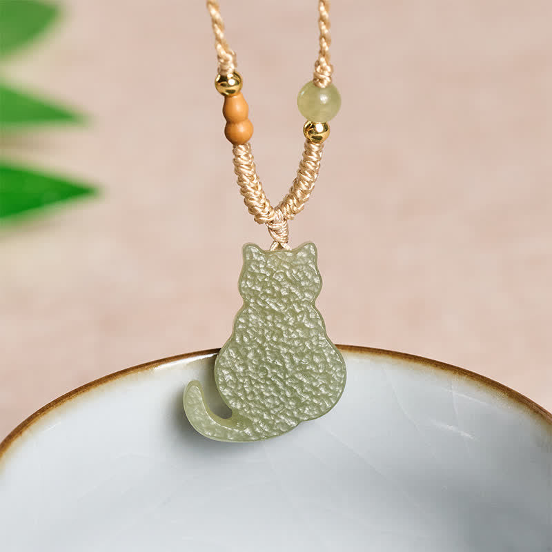 Buddha Stones Jade Kat Gevlochten Koord Hanger Overvloed Ketting - Natuurlijke jade (kleur kan variëren) - image 0
