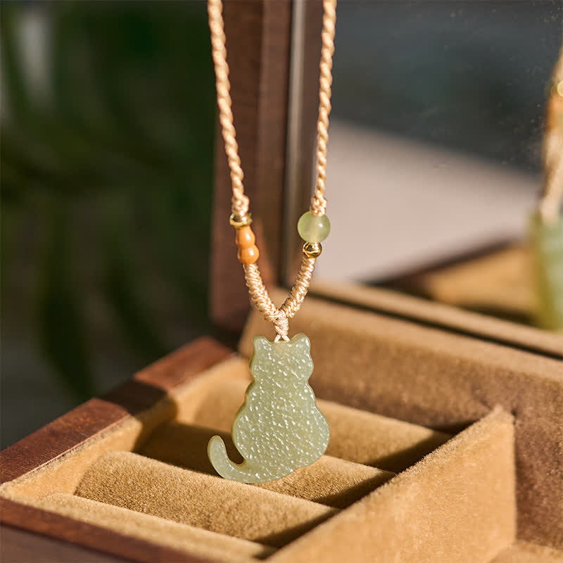 Buddha Stones Jade Kat Gevlochten Koord Hanger Overvloed Ketting - image 4