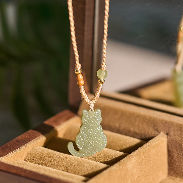 Buddha Stones Jade Kat Gevlochten Koord Hanger Overvloed Ketting - image 4