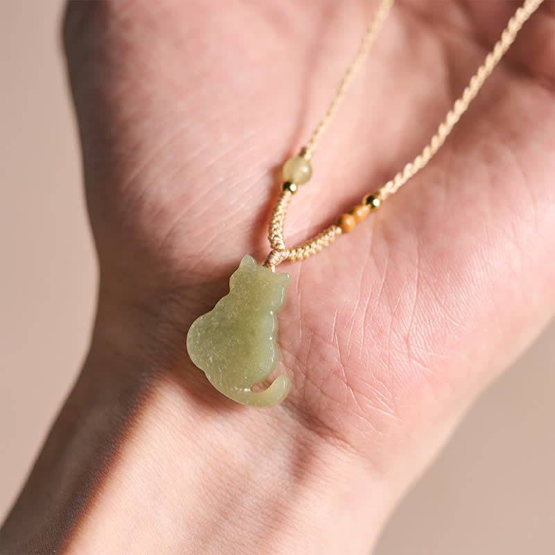 Buddha Stones Jade Kat Gevlochten Koord Hanger Overvloed Ketting - image 5