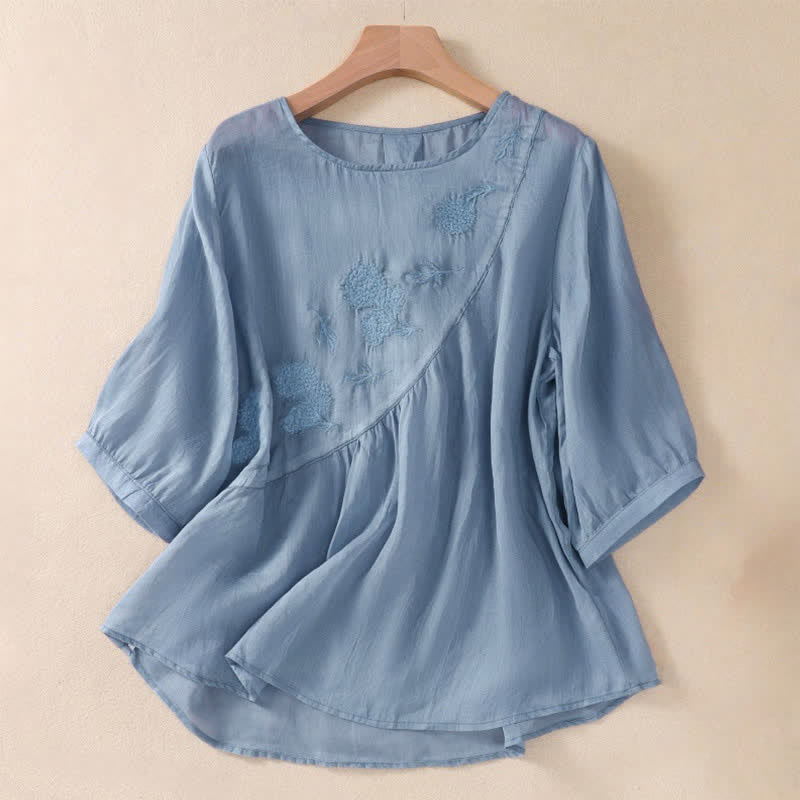 Dames T-shirt met Ronde hals Mouwlengte en geborduurde Buddha Stones en bloemenmotief, korte mouwen. - Korenbloemblauw - US8-10，UK/AU12-14，EU40-42 (2XL) - image 0