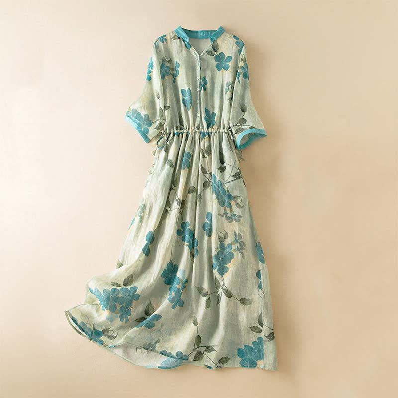 Midi -jurk met Buddha Stones, korte Mouwlengte , contrasterend bloemenpatroon en Zakken. - Lichtgroen - US12, UK/AU16, EU44 (3XL) - image 0