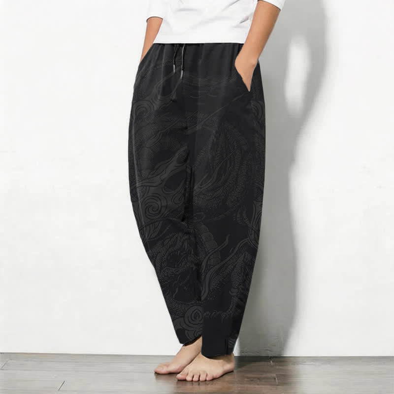 Buddha Stones Herenbroek van 100% Cotton met mystiek draken- en golfpatroon, trekkoord en Zakken. - image 1