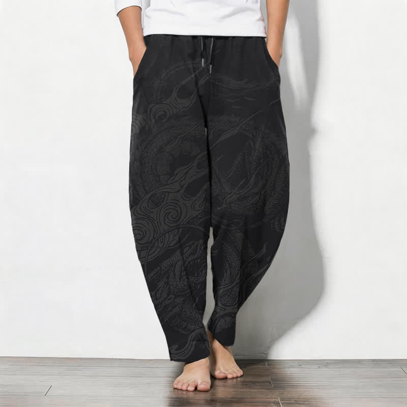 Buddha Stones Herenbroek van 100% Cotton met mystiek draken- en golfpatroon, trekkoord en Zakken. - Zwart - US/UK/AU50, EU60 (5XL) - image 0