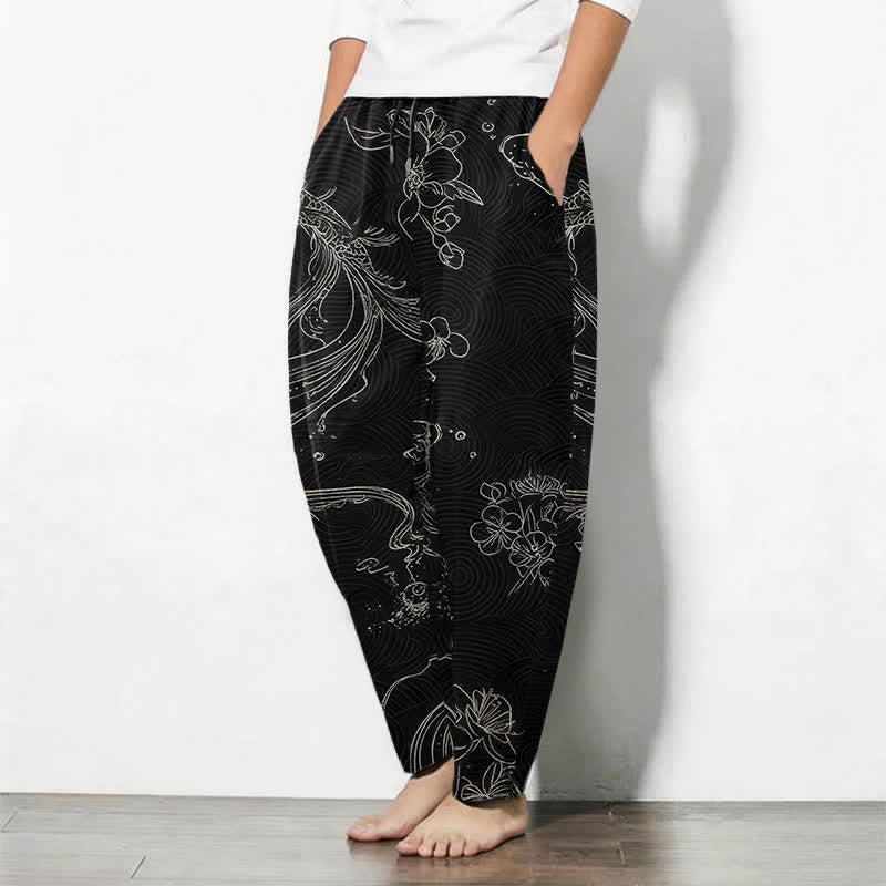 Buddha Stones Getailleerde herenbroek van 100% Cotton met koi-bloemen- en golfpatroon, trekkoord en Zakken. - image 1