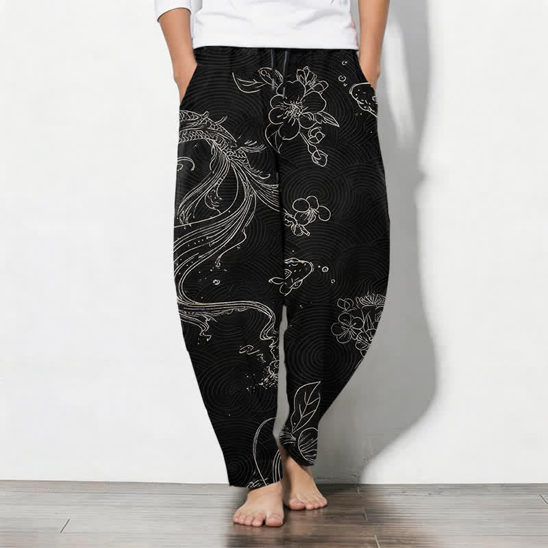 Buddha Stones Getailleerde herenbroek van 100% Cotton met koi-bloemen- en golfpatroon, trekkoord en Zakken. - Zwart - US/UK/AU50, EU60 (5XL) - image 0