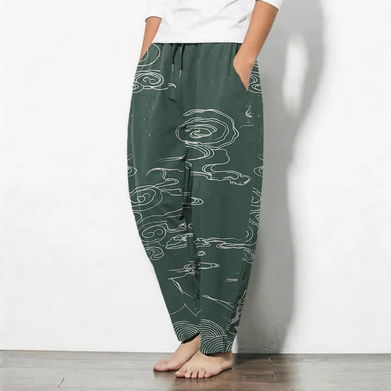 Buddha Stones Herenbroek van 100% Cotton met Zakken , een gelukbrengend wolken- en kraanvogelpatroon en zakken. - image 1