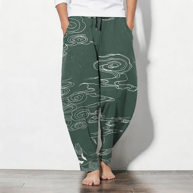Buddha Stones Herenbroek van 100% Cotton met Zakken , een gelukbrengend wolken- en kraanvogelpatroon en zakken. - Middelzeegroen - US/UK/AU50, EU60 (5XL) - image 0