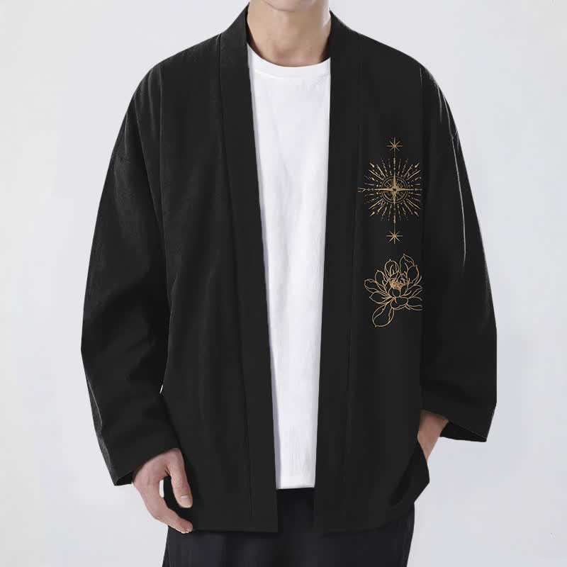 Buddha Stones Katoenen herenkimono met stralend lotus- en sterrenpatroon en open voorkant. - Zwart - US/UK/AU48, EU58 (4XL) - image 0