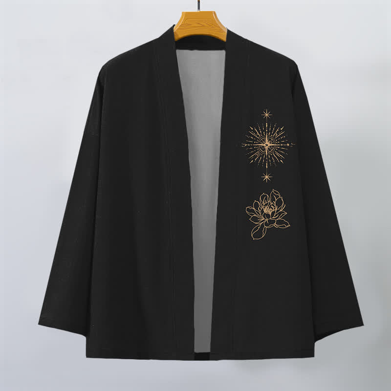 Buddha Stones Katoenen herenkimono met stralend lotus- en sterrenpatroon en open voorkant. - image 1