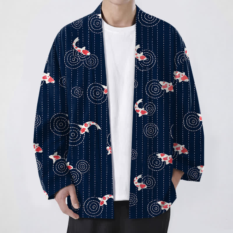 Buddha Stones Katoenen herenkimono met open voorkant en koi-rimpelpatroon - Marine - US/UK/AU48, EU58 (4XL) - image 0