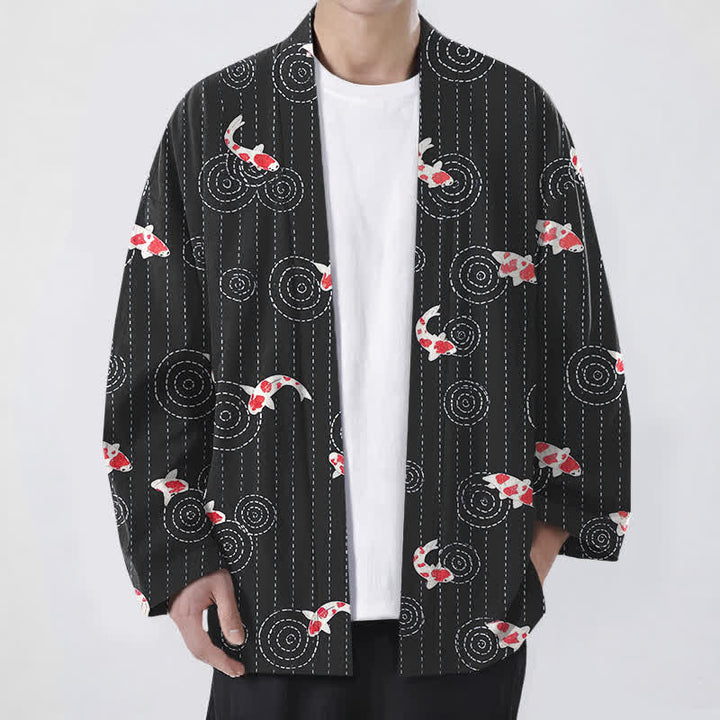 Buddha Stones Katoenen herenkimono met open voorkant en koi-rimpelpatroon - Zwart - US/UK/AU48, EU58 (4XL) - image 6