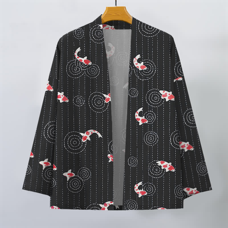 Buddha Stones Katoenen herenkimono met open voorkant en koi-rimpelpatroon - image 7