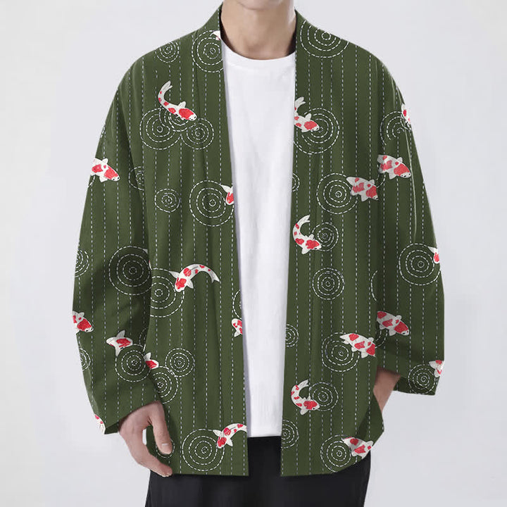 Buddha Stones Katoenen herenkimono met open voorkant en koi-rimpelpatroon - Donker olijfgroen - US/UK/AU48, EU58 (4XL) - image 9