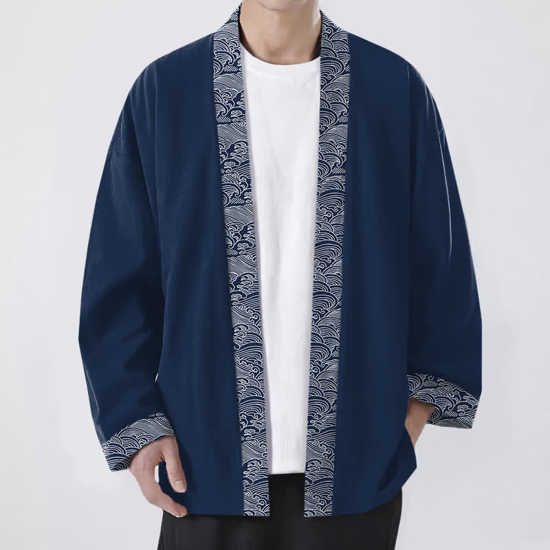 Buddha Stones Katoenen kimono met open voorkant en oceaangolfmotief, geschikt voor heren - Marine - US/UK/AU48, EU58 (4XL) - image 0