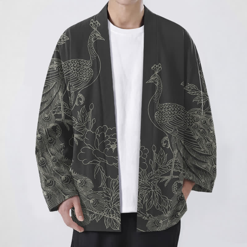 Buddha Stones Katoenen kimono met pauwen- en pioenrozenmotief, open voorkant, voor heren. - Zwart - US/UK/AU48, EU58 (4XL) - image 0