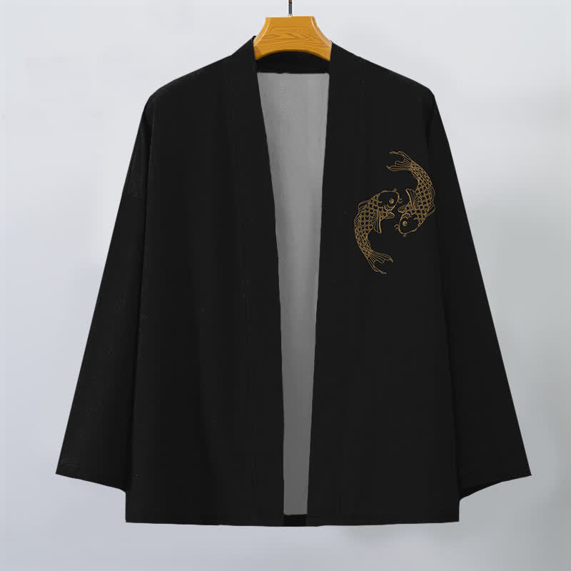 Buddha Stones Katoenen kimono met dubbele koi-print en open voorkant voor heren - image 1