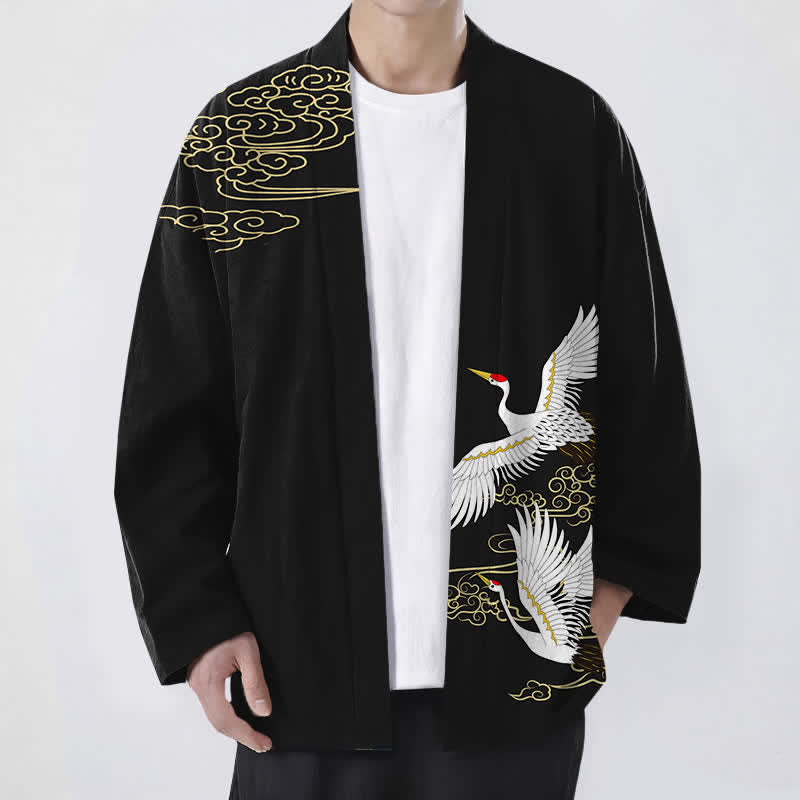 Buddha Stones Katoenen witte kimono met kraanvogel- en wolkenmotief en open voorkant voor heren - Zwart - US/UK/AU48, EU58 (4XL) - image 0