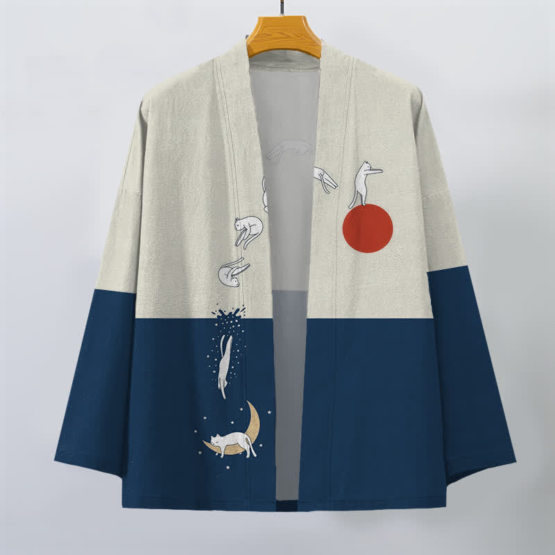 Buddha Stones Katoenen kimono voor heren met katten-, zonne- en halvemaanpatroon en open voorkant. - image 1
