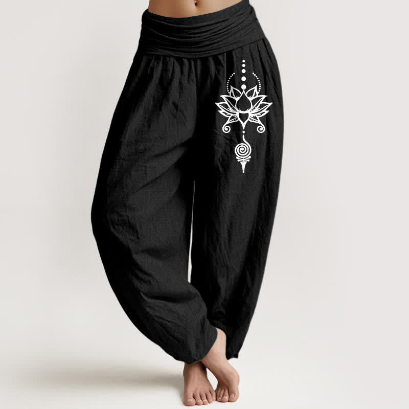 Buddha Stones Harembroek voor dames met elastische Taille en Zen Lotus geometrisch patroon van 100% Cotton - Zwart - US16, UK/AU20, EU48 (3XL) - image 5