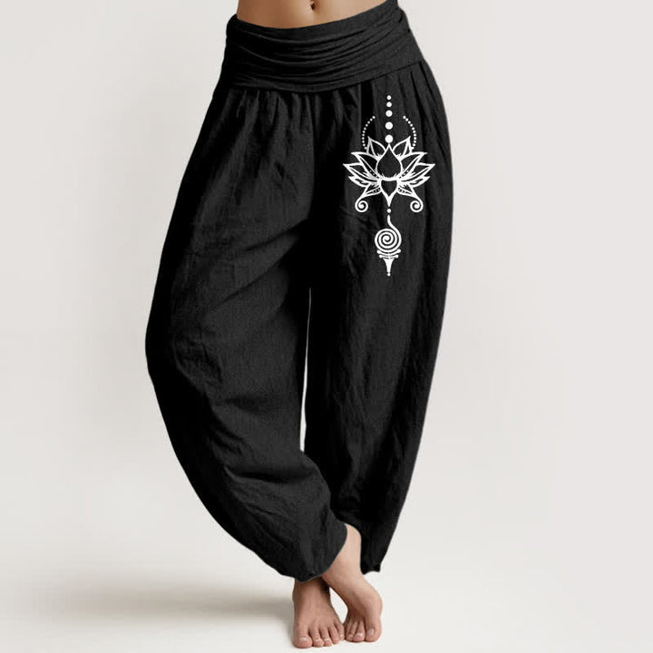 Buddha Stones Harembroek voor dames met elastische Taille en Zen Lotus geometrisch patroon van 100% Cotton - Zwart - US16, UK/AU20, EU48 (3XL) - image 5