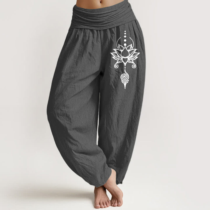 Buddha Stones Harembroek voor dames met elastische Taille en Zen Lotus geometrisch patroon van 100% Cotton - Donkergrijs - US16, UK/AU20, EU48 (3XL) - image 8