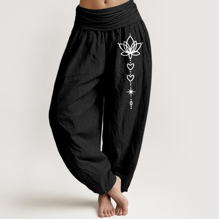 Buddha Stones Harembroek voor dames met elastische Taille en lotus-, hart- en sterrenpatroon van 100% Cotton - Zwart - US16, UK/AU20, EU48 (3XL) - image 0