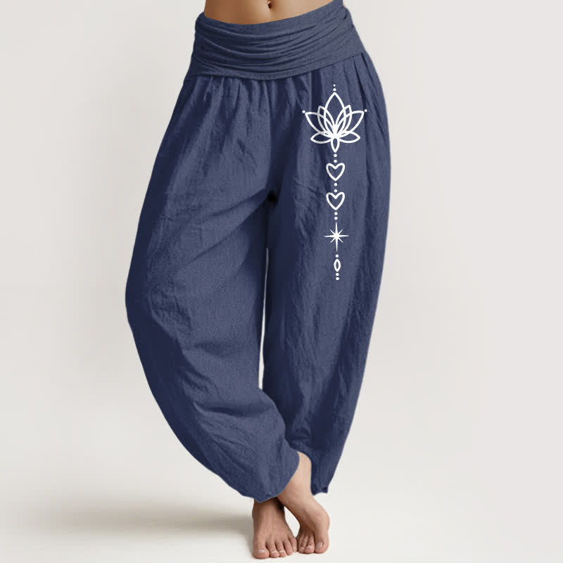Buddha Stones Harembroek voor dames met elastische Taille en lotus-, hart- en sterrenpatroon van 100% Cotton - Donker leisteenblauw - US16, UK/AU20, EU48 (3XL) - image 5