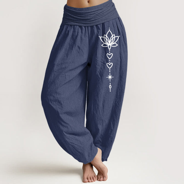 Buddha Stones Harembroek voor dames met elastische Taille en lotus-, hart- en sterrenpatroon van 100% Cotton - Donker leisteenblauw - US16, UK/AU20, EU48 (3XL) - image 5