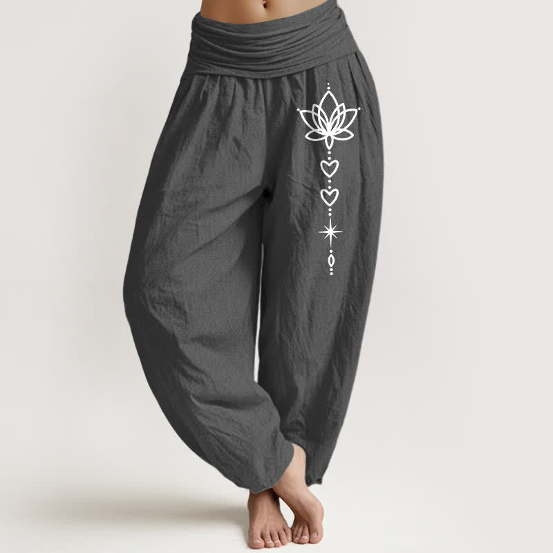 Buddha Stones Harembroek voor dames met elastische Taille en lotus-, hart- en sterrenpatroon van 100% Cotton - Donkergrijs - US16, UK/AU20, EU48 (3XL) - image 8