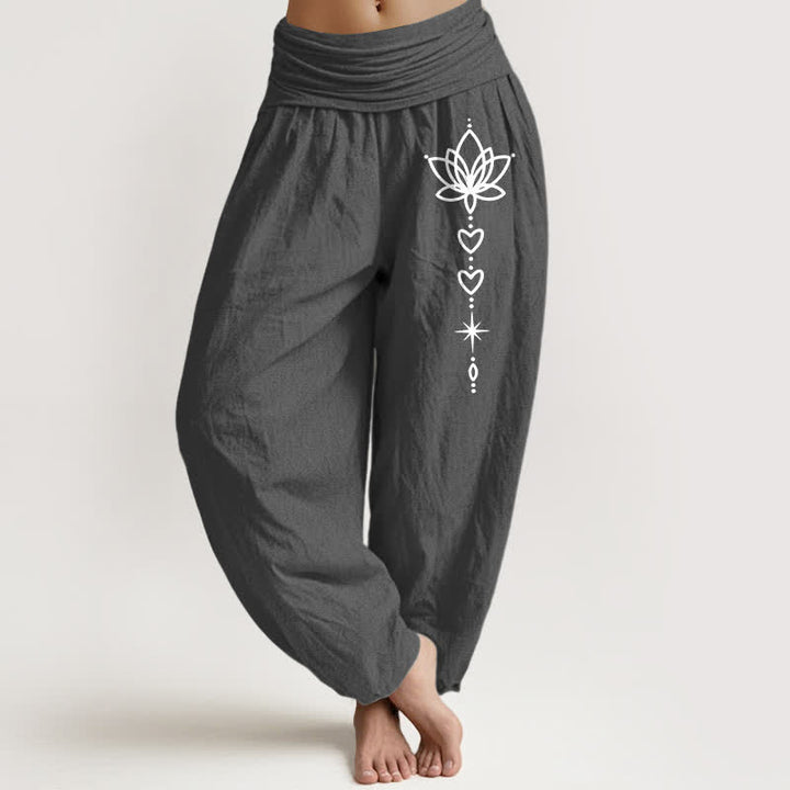 Buddha Stones Harembroek voor dames met elastische Taille en lotus-, hart- en sterrenpatroon van 100% Cotton - Donkergrijs - US16, UK/AU20, EU48 (3XL) - image 8