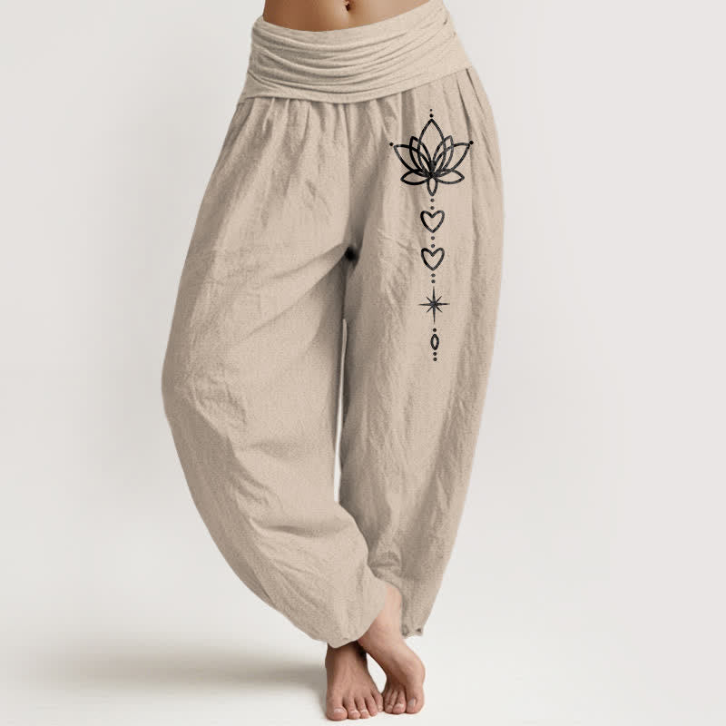 Buddha Stones Harembroek voor dames met elastische Taille en lotus-, hart- en sterrenpatroon van 100% Cotton - Bruinen - US16, UK/AU20, EU48 (3XL) - image 11