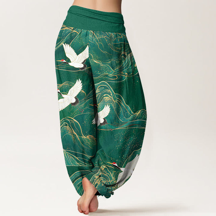 Buddha Stones Dames harembroek met elastische Taille en oosters kraanvogel- en bergpatroon. - image 2