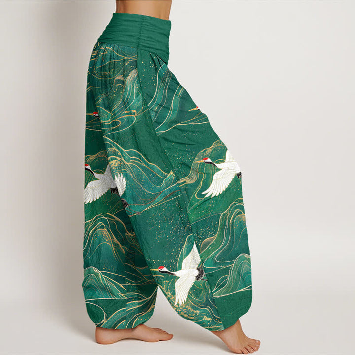 Buddha Stones Dames harembroek met elastische Taille en oosters kraanvogel- en bergpatroon. - image 1