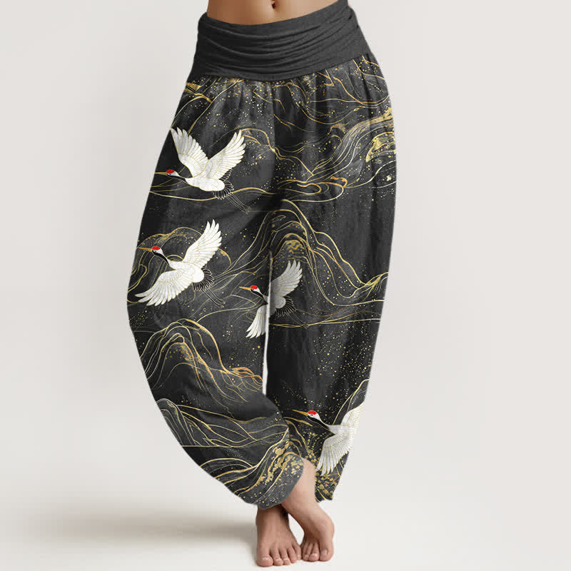 Buddha Stones Dames harembroek met elastische Taille en oosters kraanvogel- en bergpatroon. - Zwart - US16, UK/AU20, EU48 (3XL) - image 5