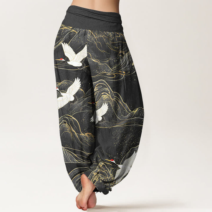 Buddha Stones Dames harembroek met elastische Taille en oosters kraanvogel- en bergpatroon. - image 7