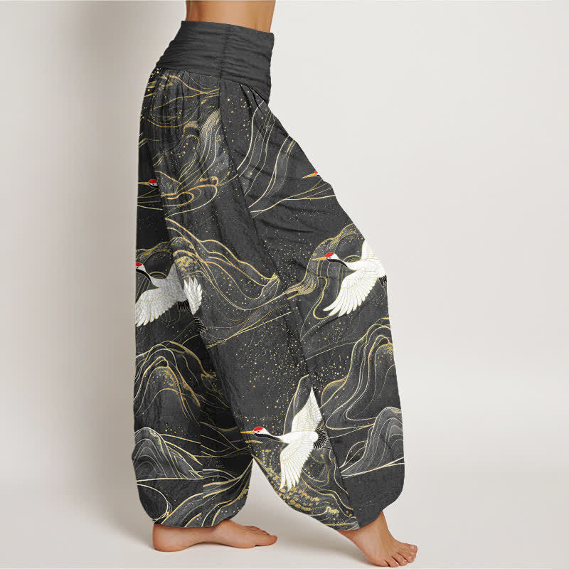 Buddha Stones Dames harembroek met elastische Taille en oosters kraanvogel- en bergpatroon. - image 6