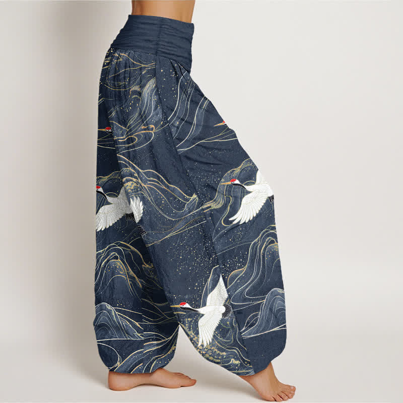 Buddha Stones Dames harembroek met elastische Taille en oosters kraanvogel- en bergpatroon. - image 9