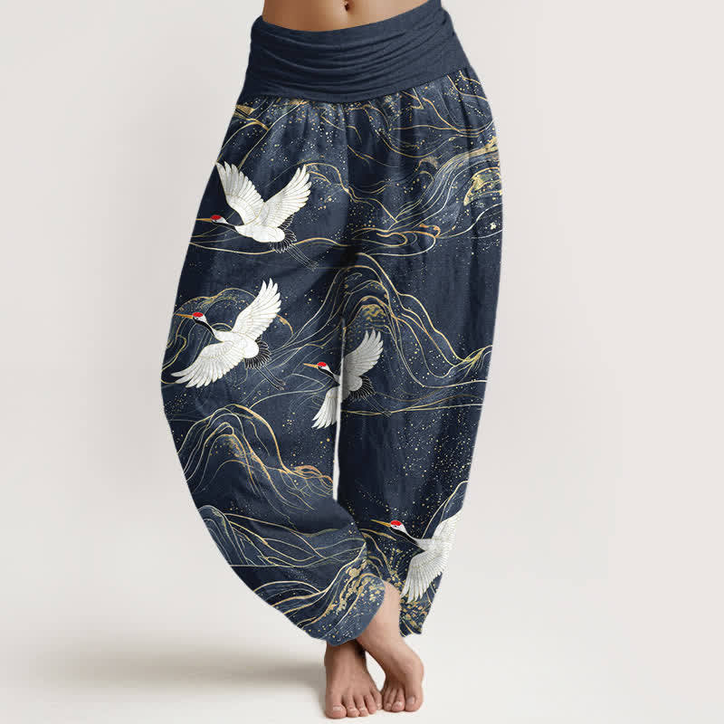 Buddha Stones Dames harembroek met elastische Taille en oosters kraanvogel- en bergpatroon. - Middernachtblauw - US16, UK/AU20, EU48 (3XL) - image 8