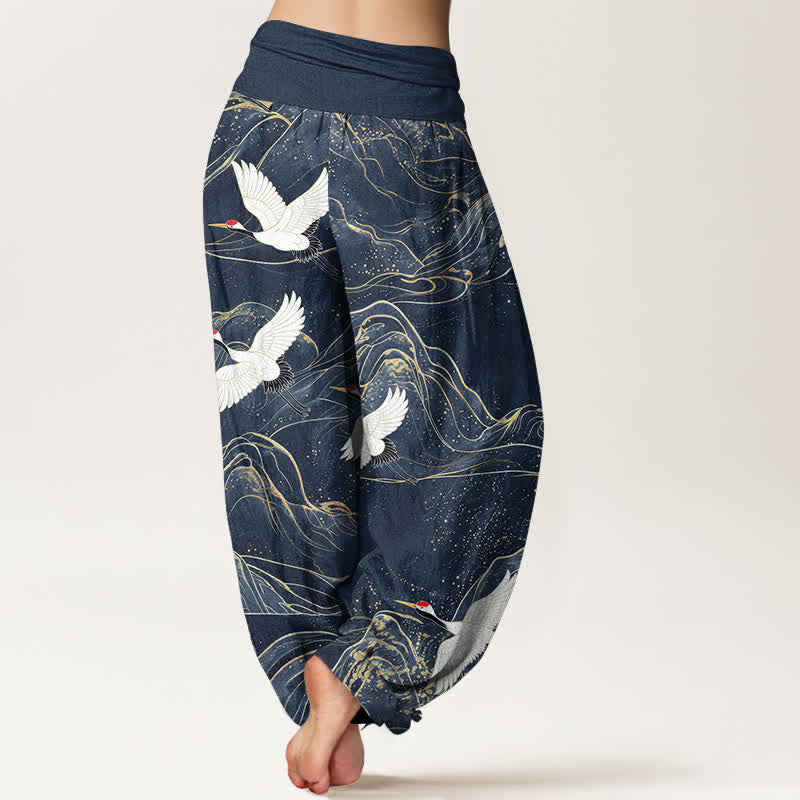 Buddha Stones Dames harembroek met elastische Taille en oosters kraanvogel- en bergpatroon. - image 10