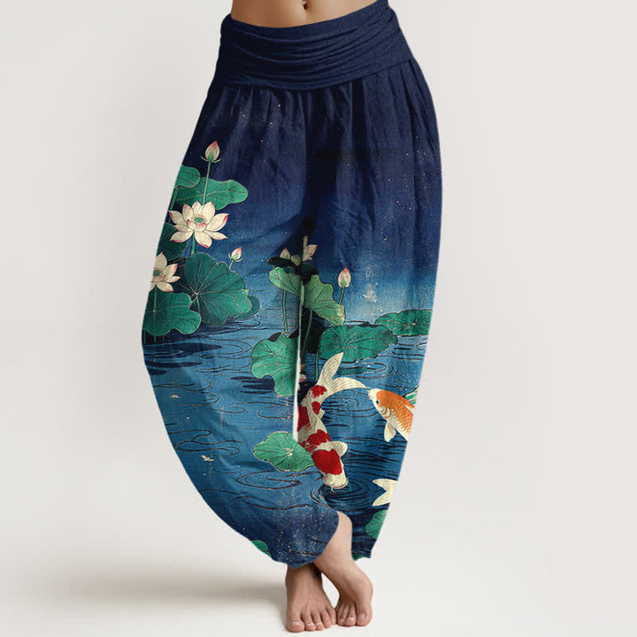 Buddha Stones Dames harembroek met elastische Taille en bloeiend lotus- en koi-patroon van katoen - Marine - US16, UK/AU20, EU48 (3XL) - image 0