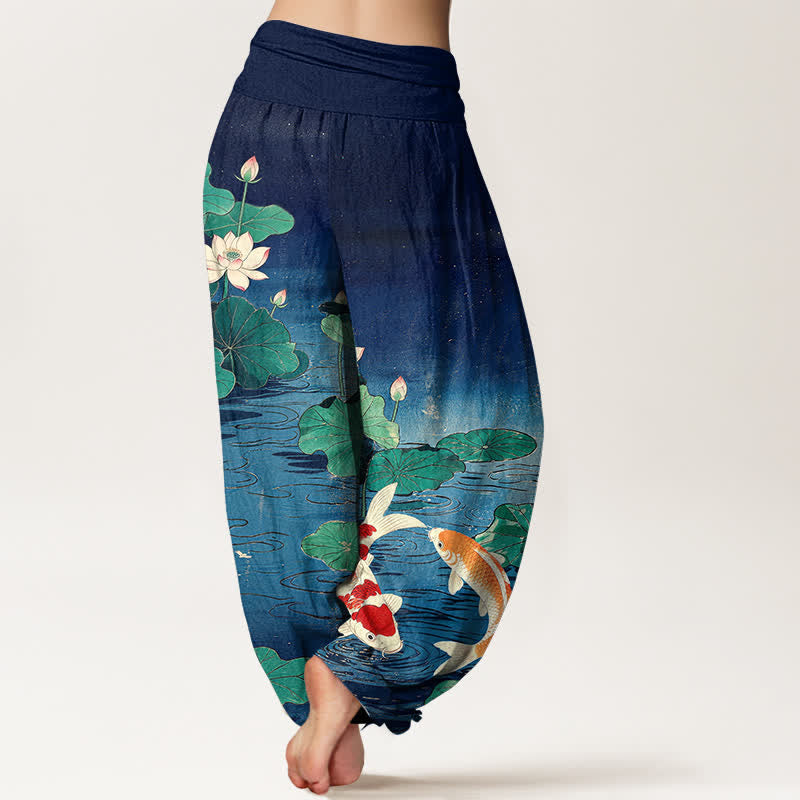 Buddha Stones Dames harembroek met elastische Taille en bloeiend lotus- en koi-patroon van katoen - image 1
