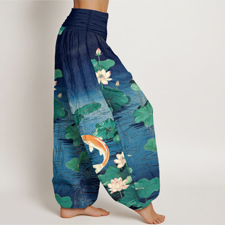 Buddha Stones Dames harembroek met elastische Taille en bloeiend lotus- en koi-patroon van katoen - image 2