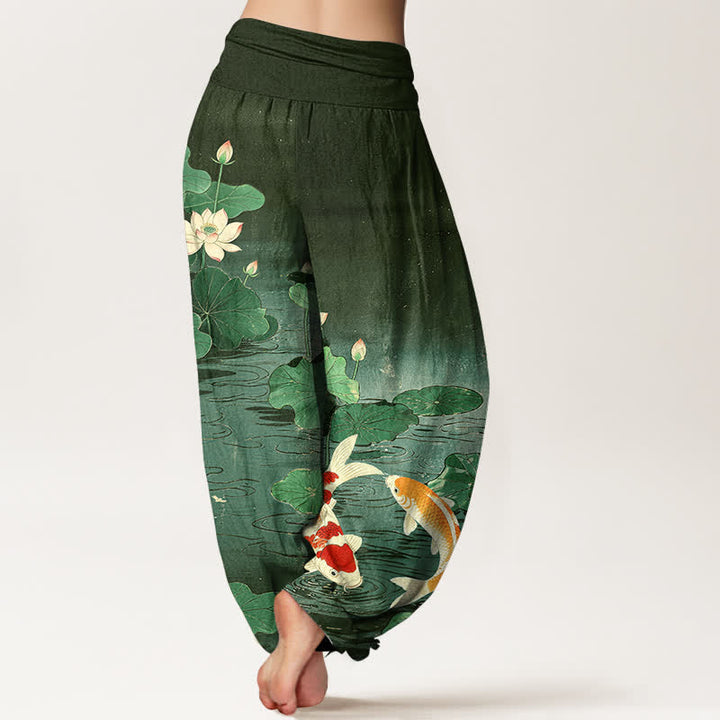 Buddha Stones Dames harembroek met elastische Taille en bloeiend lotus- en koi-patroon van katoen - image 7