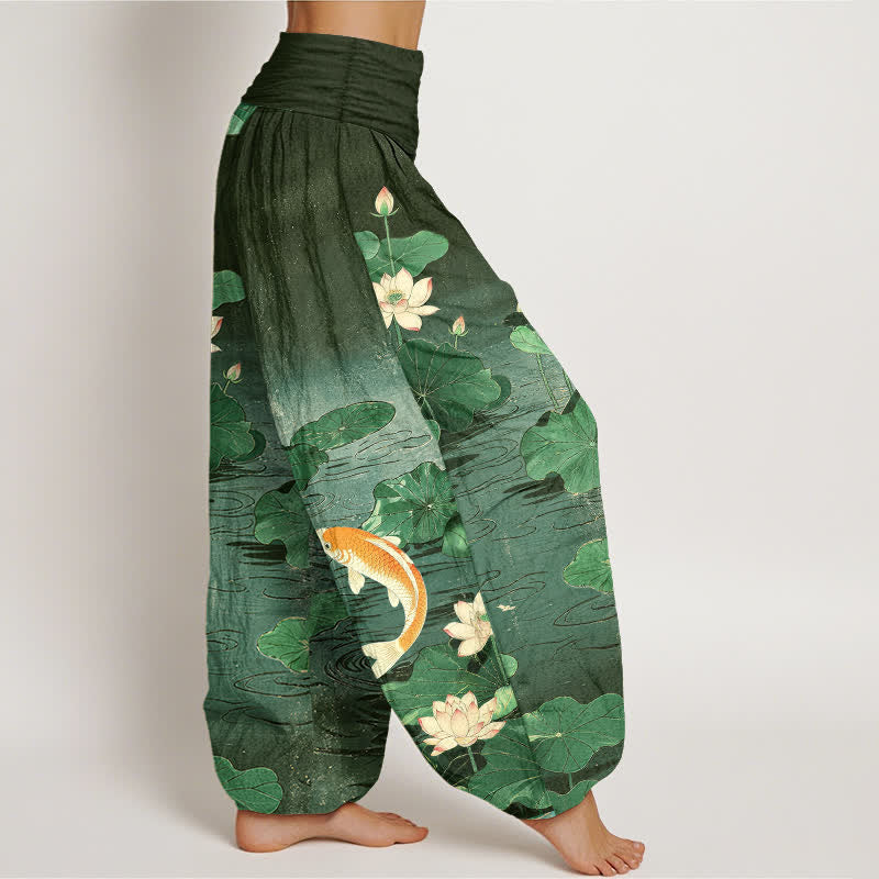 Buddha Stones Dames harembroek met elastische Taille en bloeiend lotus- en koi-patroon van katoen - image 6